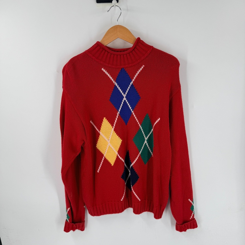 Vintage 90s Lizsport Argyle Sweater Red M Preppy Cotton Mock Neck USA Made
